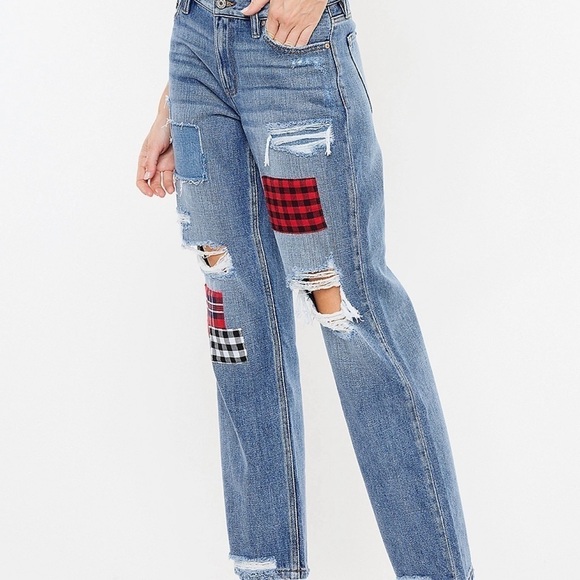 Kancan Women’s NWT No Stretch Plaid Patch Ripped Boyfriend Jeans 32x28 - Picture 3 of 12